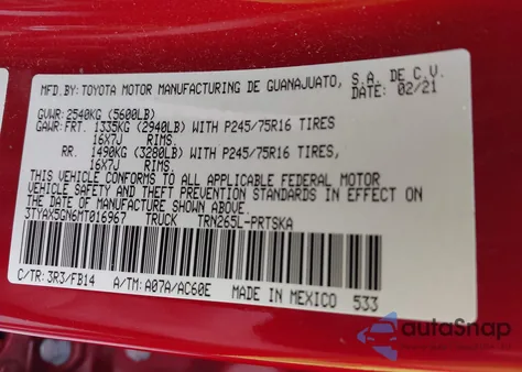 2021 Toyota Tacoma Sr из США, поврежденный, VIN 3TYAX5GN6MT016967